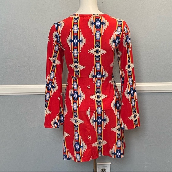 FREE PEOPLE LOVE SPELL Red Tribal Geometric Women’s Long Sleeve Medium Dress - Picture 3 of 15